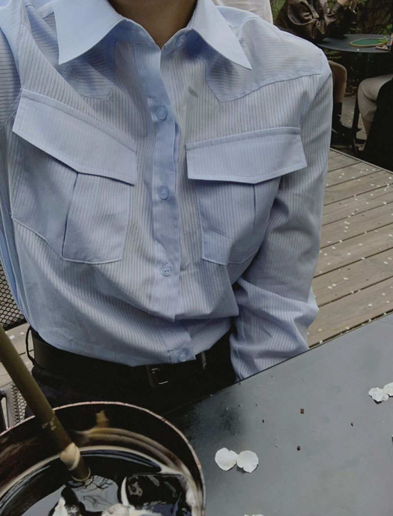 봄 여성 남방 오피스룩 얇은 코튼 고퀄리티 스트라이프 포켓 셔츠 (화이트 블루)
