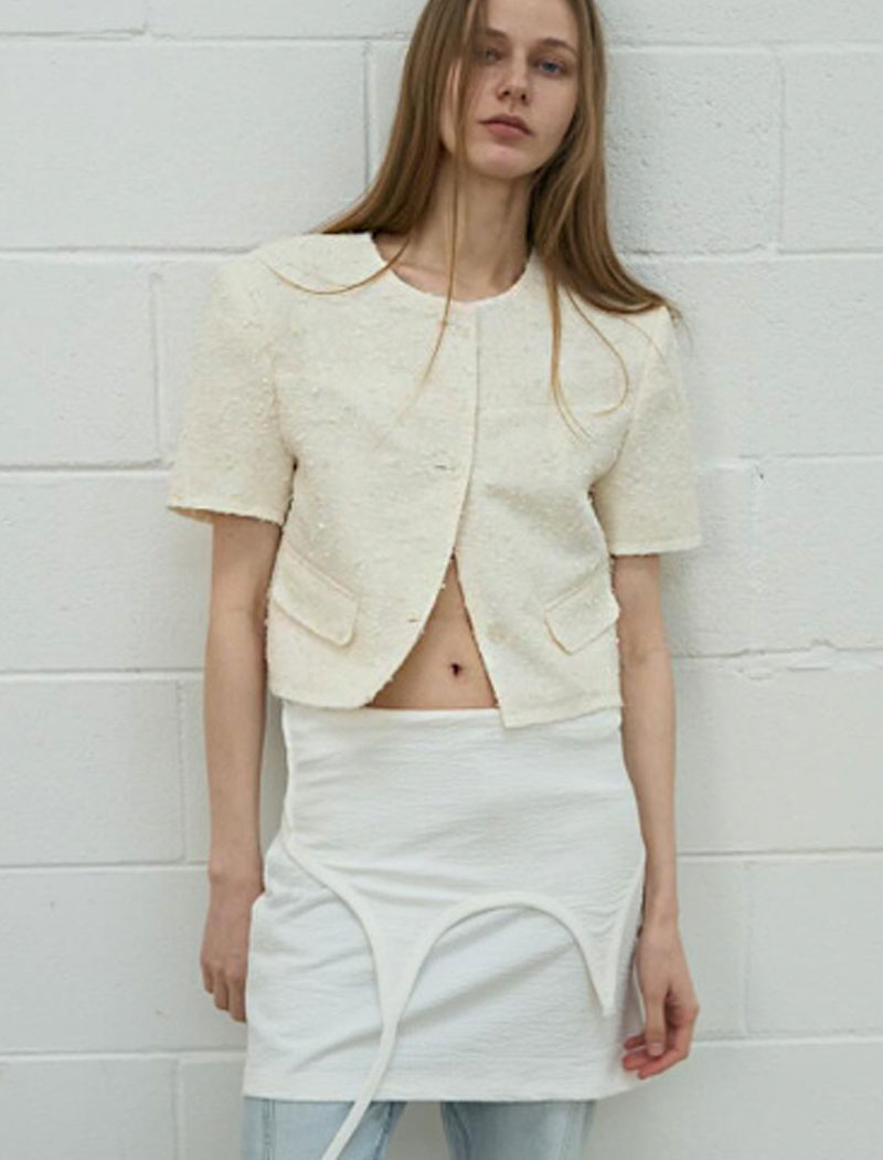 여름 숏자켓 노카라 재킷 여성 라운드넥 트위드 반팔 자켓 (아이보리 블랙)