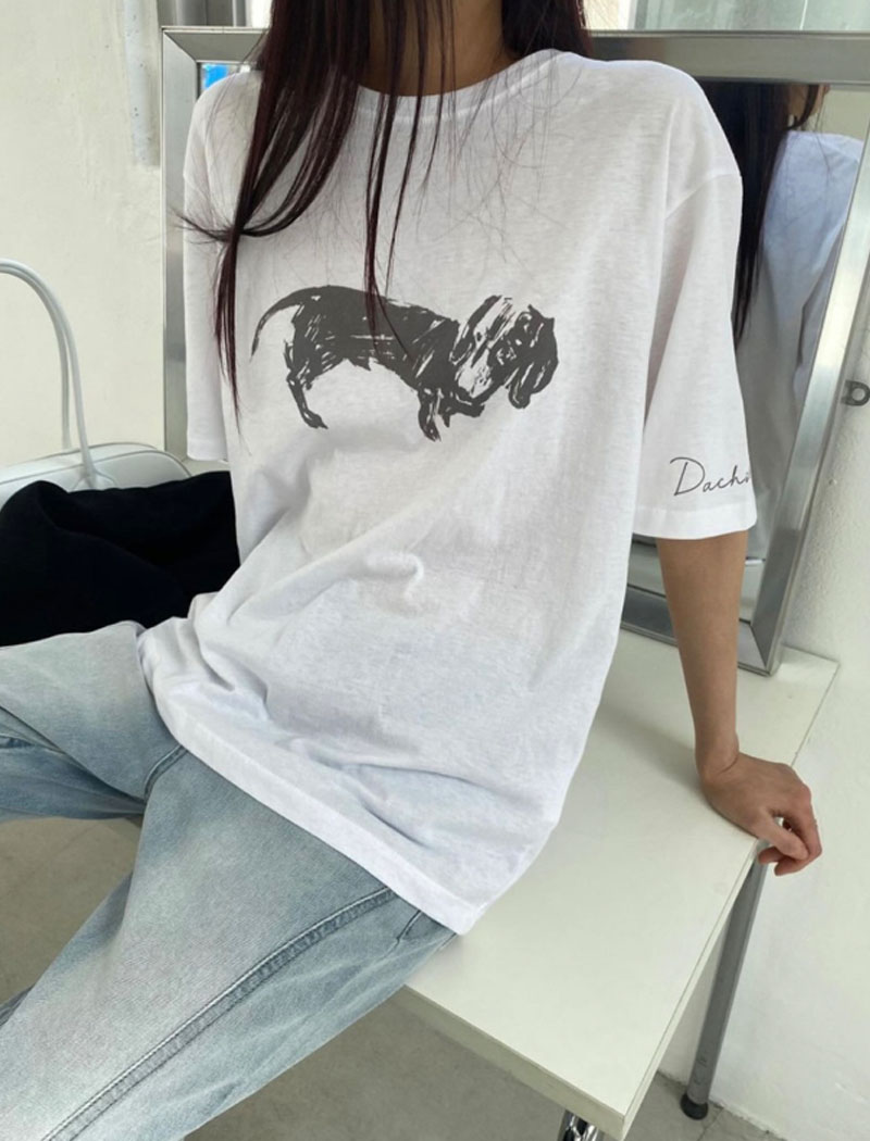 여성 티셔츠 여름 얇은 루즈핏 프린트 도그 프린팅 반팔티셔츠 (3col)