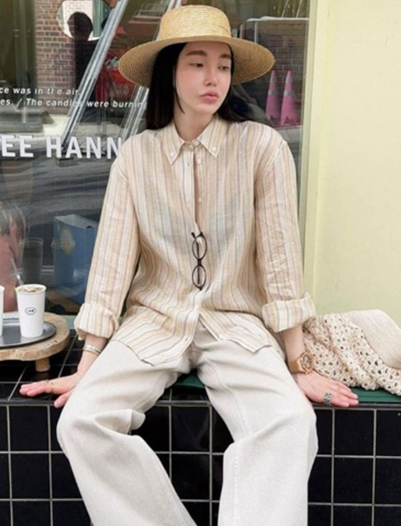 남방 여성 얇은 루즈핏 내추럴 컬러 고퀄리티 린넨 스트라이프 셔츠 (2col)
